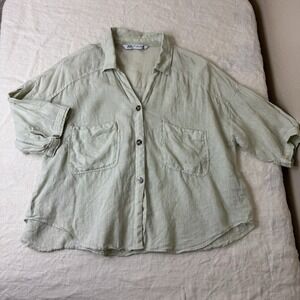 ZARA Womens 100% Linen Top Cropped Button Up Size L  Pockets Lagenlook Slouchy
